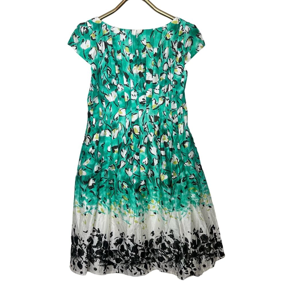 Kay Unger Dress Green Silk Cotton Blend Floral Fit Flare Scoop Neck Size 12 - Picture 2 of 13